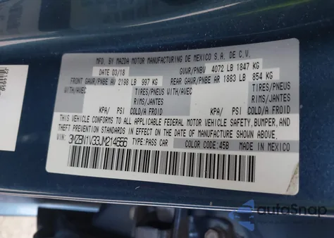 2018 Mazda Mazda3 Touring из США, поврежденный, VIN 3MZBN1V33JM214656